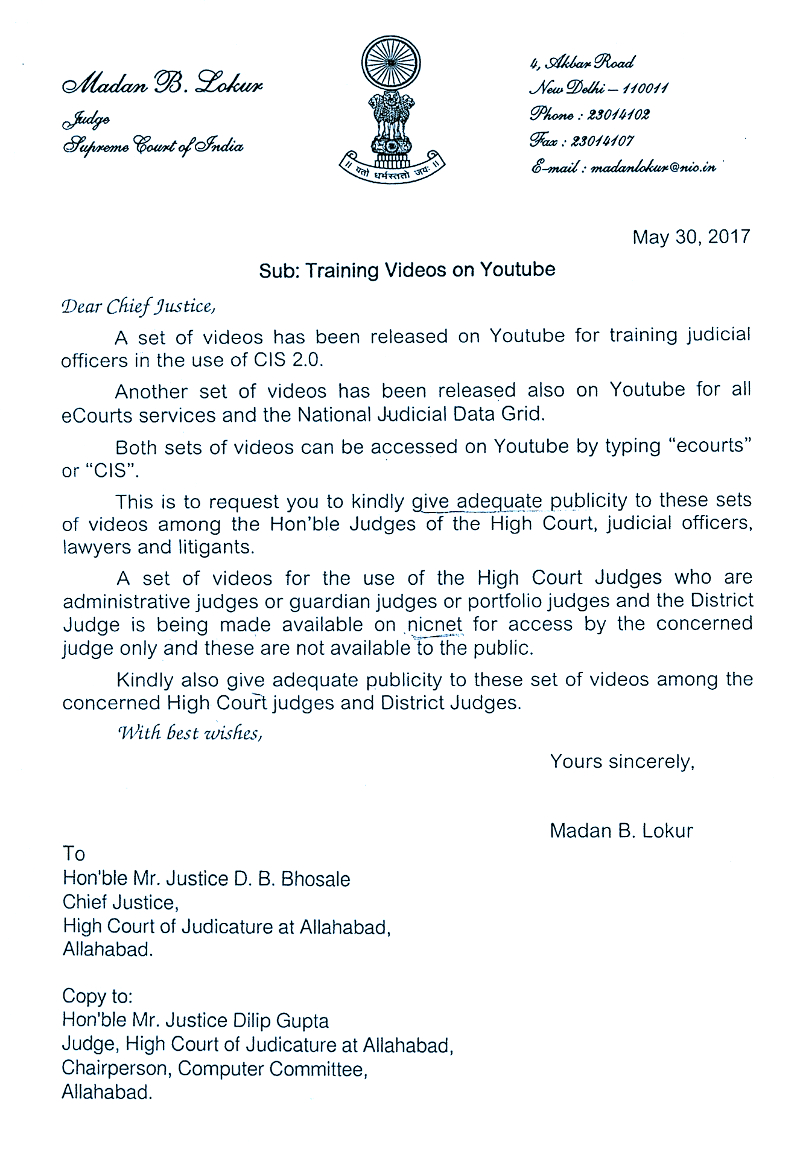 Letter of Hon'ble Judge In-charge, eCommittee - Training Videos