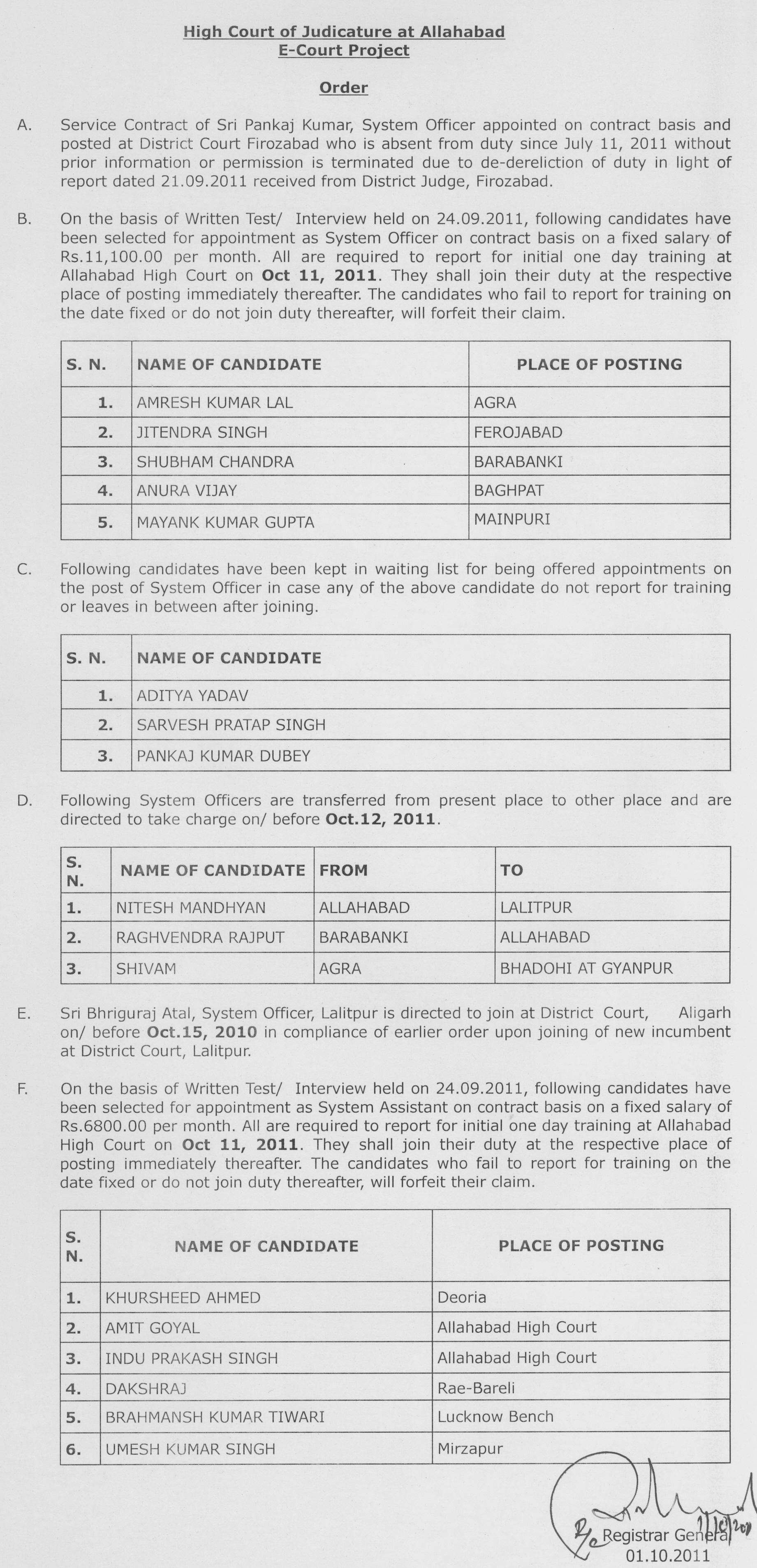 Notice regarding transfer/appointment/termination of System Officer/System Assistant