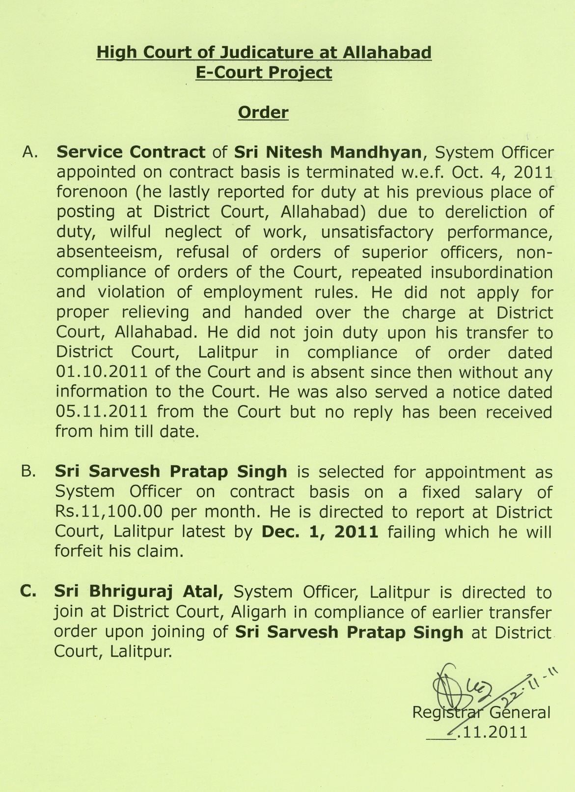 Notice regarding transfer/appointment/termination of System Officer