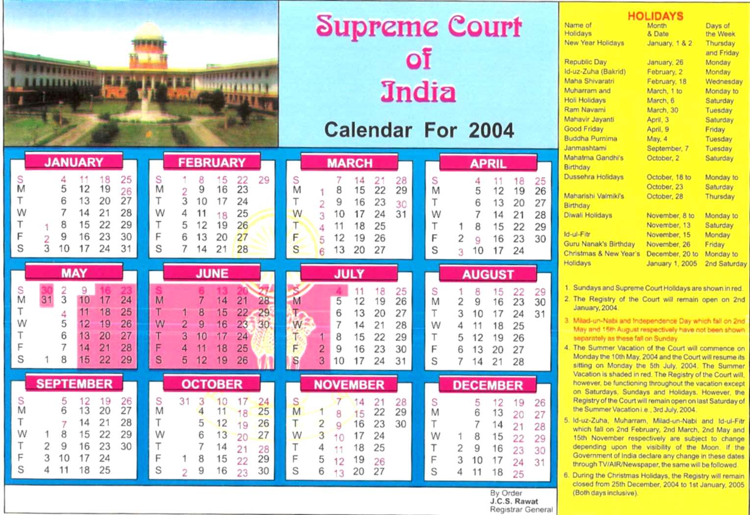 Calendar For The Year Of 2004 SUPREME COURT OF INDIA Calendar For The Year Of 2004 SUPREME COURT OF INDIA